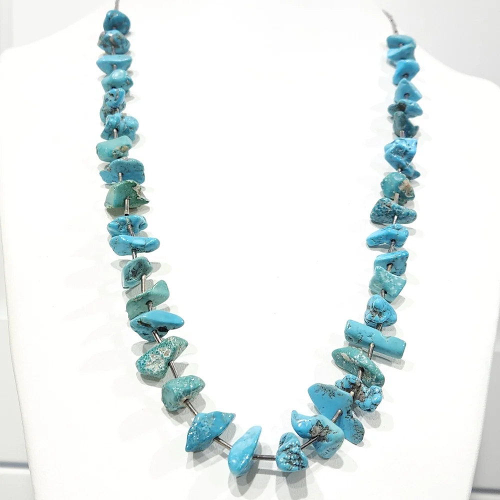 Vintage Southwestern Turquoise Nuggets Sterling Silver Heishi Bead Necklace